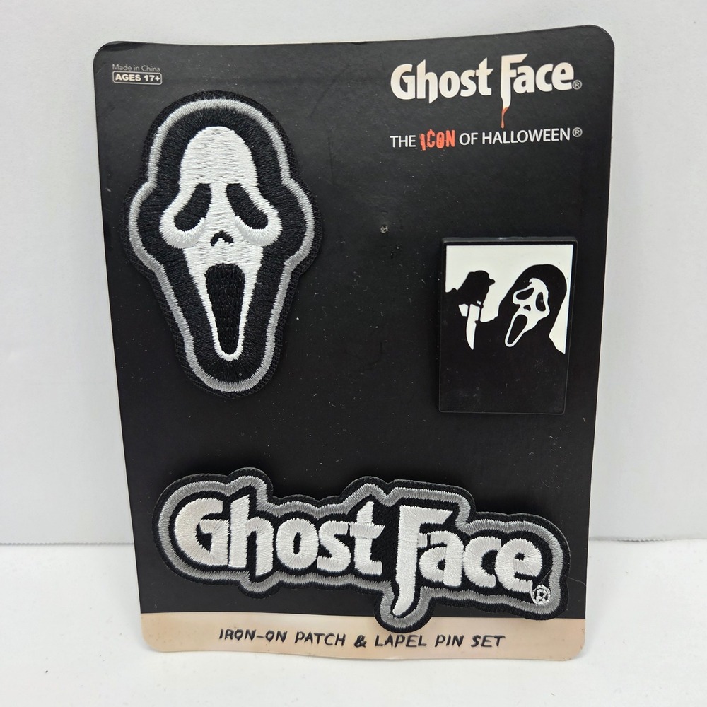 Ghost Face Iron-On Patch & Lapel Pin Set Scream Horror Movie Black White New